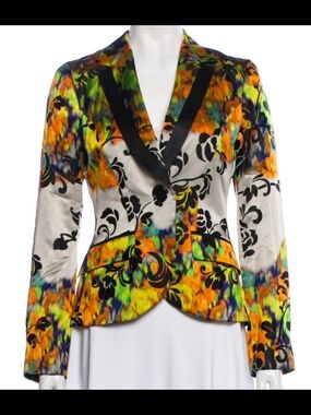 Etro Multicolor Floral Satin Blazer with Black Lapel, US 6, IT 42 , EUC